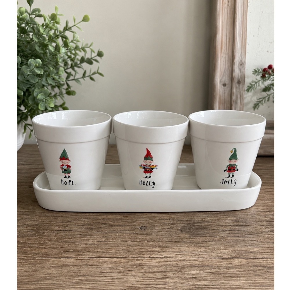 Rae Dunn Christmas Elves Planter Set Tray Hope Holly Jolly White Ceramic 4pc